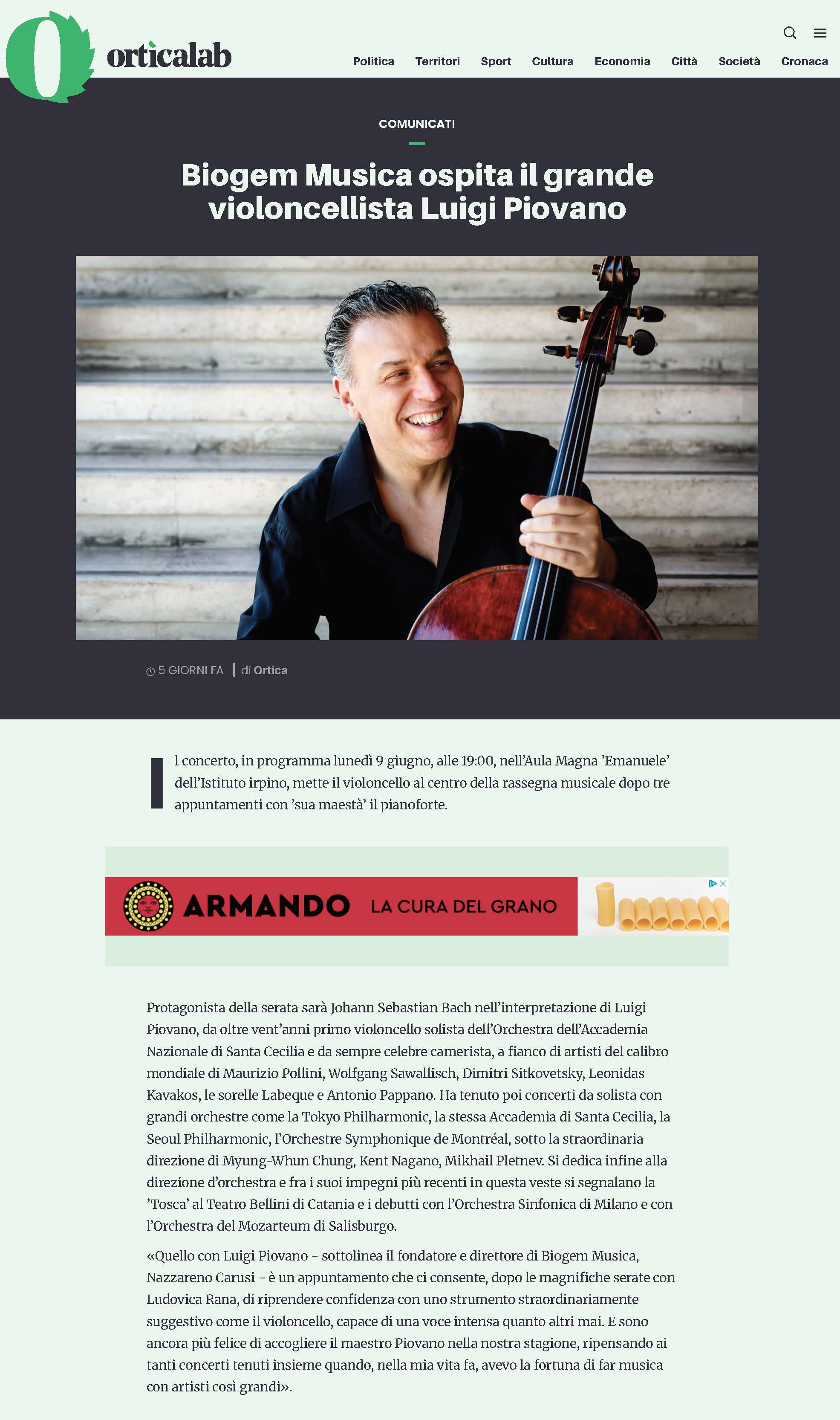 Biogem Musica ospita il grande violoncellista Luigi Piovano